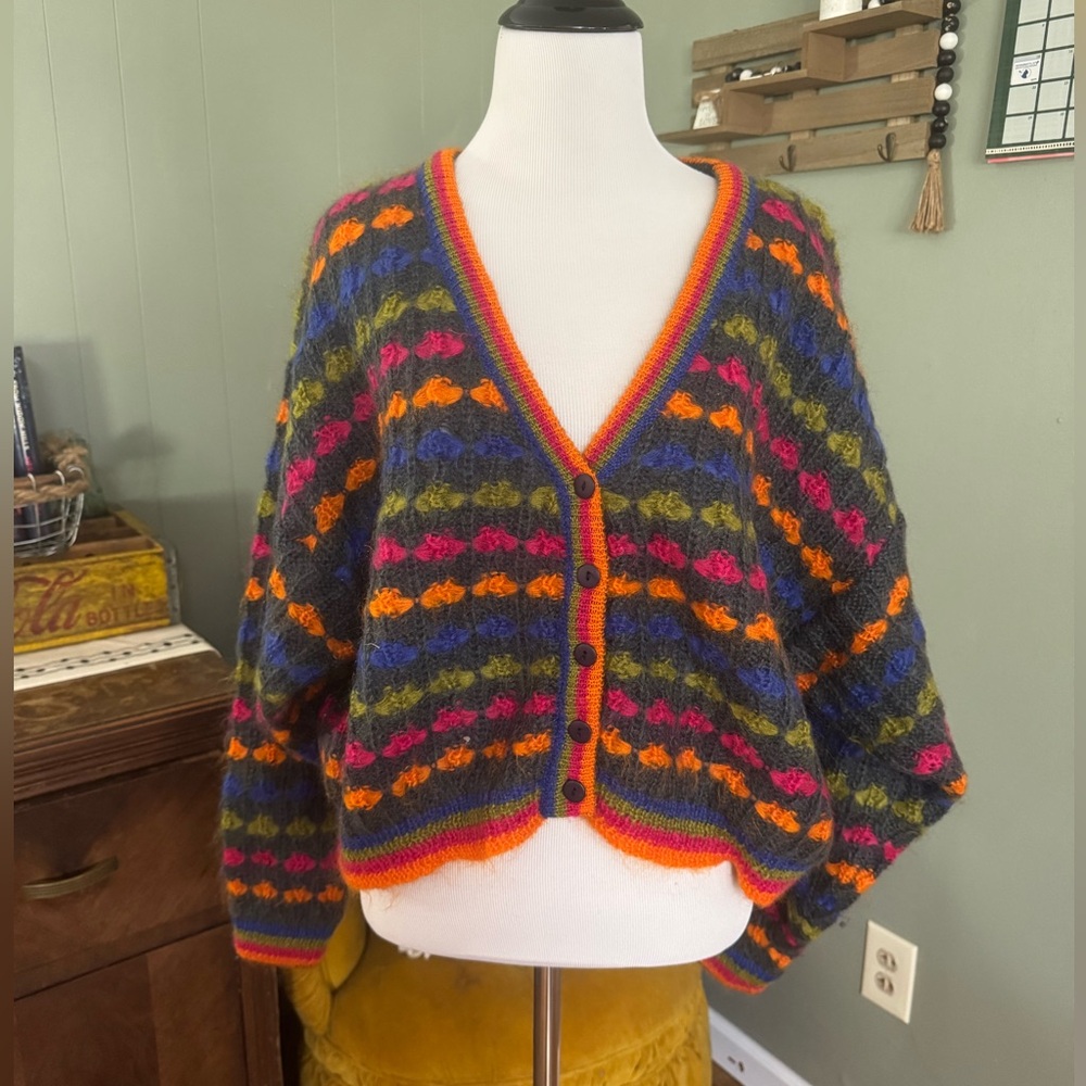 Vibrant Multicolor V-Neck Button Mohair Cardigan Sweater